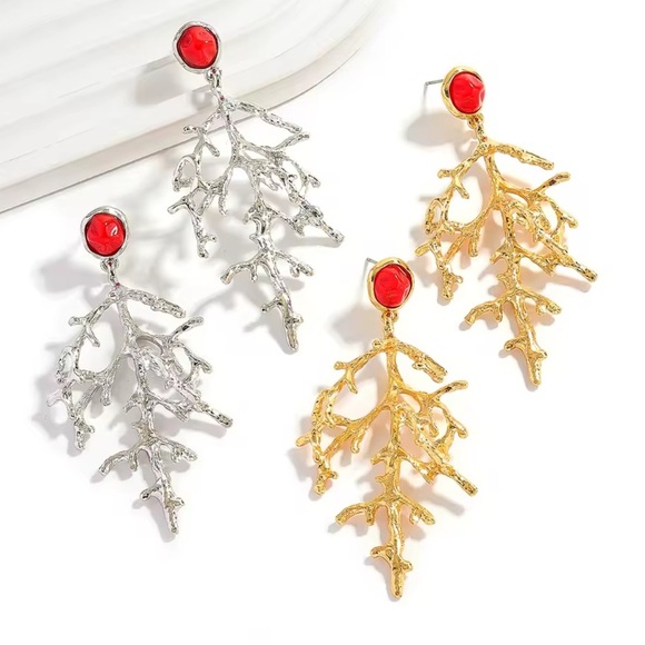Zara Coral Tree Drop Dangle Earrings - Picture 4 of 6